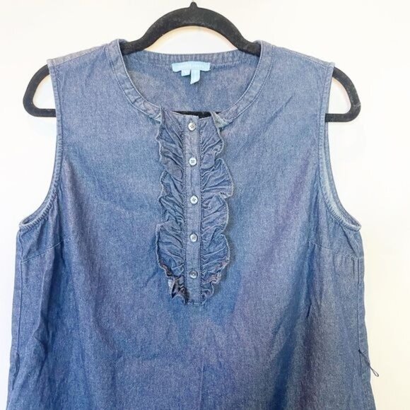 Draper James Sleeveless Dark Denim Chambray Ruffle Shift Dress Large Reese - Picture 10 of 12
